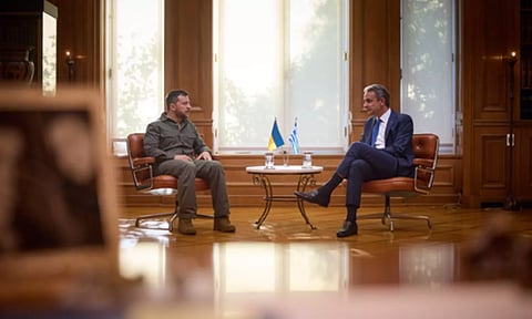 Ukraine President Volodymyr Zelensky, Greek PM Kyriakos Mitsotakis (Image: IANS)