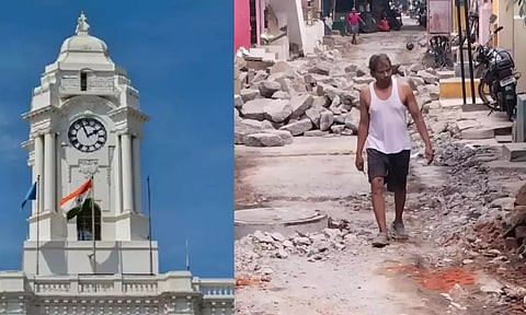 Greater Chennai Corporation (left); Concrete road debris at VOC Nagar in North Chennai not removed for over 10 days