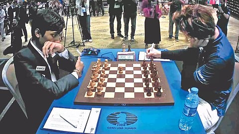 R Praggnanandhaa and Magnus Carlsen during the final match