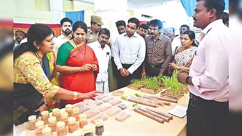 Kanimozhi, MP, visiting an agriculture expo at ACRI in Killikulam, Thoothukudi on Thursday