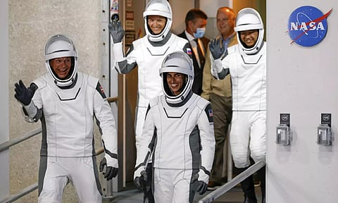 Danish astronaut Andreas Mogensen (left front), NASA astronaut Jasmin Moghbeli (right front), Russian cosmonaut Konstantin Borisov (back left), and Japanese astronaut Satoshi Furukawa. (AP)