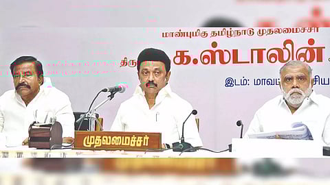 Chief Minister Stalin addressing the district collectors of Delta region during a review meeting on Saturday