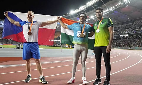 Bronze medalist
Jakub Vadlejch, of the Czech Republic, gold medalist Neeraj Chopra, of India, and silver medalist Arshad Nadeem, of Pakistan