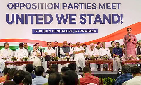 Members of the INDIA bloc during their second meeting in Bengaluru on July 18. (AP)