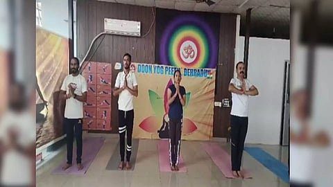 Surya Namaskar in Doon Yoga Peeth centres for India's maiden solar mission's success (Photo/ANI)