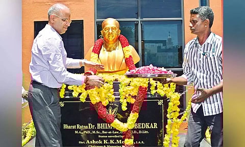 FCI Chairman and MD Ashok Kumar K Meena unveiling the statue of Dr Ambedkar at divisional office in Thanjavur on Wednesday