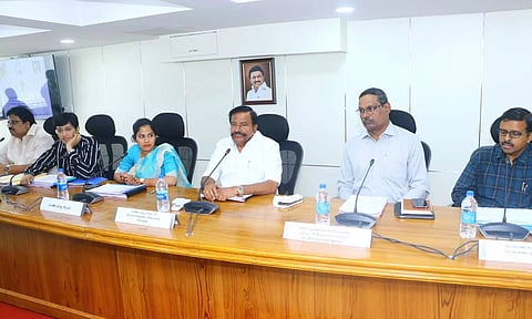 Minister of Municipal Administration and Water Supply K N Nehru at a review meeting held in Chennai. (X/@KN_NEHRU)