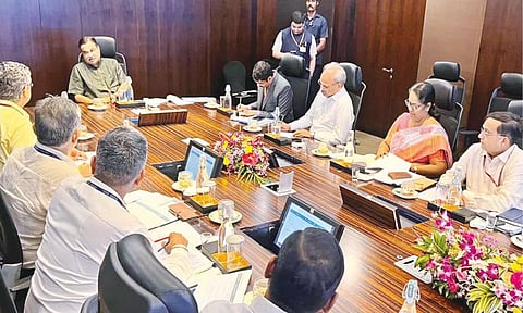 Union Minister Nitin Gadkari holding a review of ongoing highway projects in TN, in Chennai on Thursday