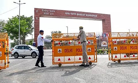 Delhi Police and traffic police at Bharat Mandapam convention centre of Pragati Maidan ahead of G20 Summit