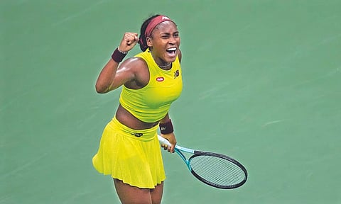 Coco Gauff reacts after winning the semifinal match against Karolina Muchova