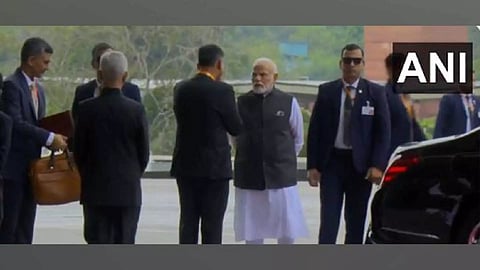 PM Narendra Modi arrives at Bharat Mandapam (Photo/ANI)