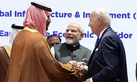 Saudi Arabia's Crown Prince Mohammad bin Salman, Indian PM Narendra Modi and US President Joe Biden (Photo: IANS)