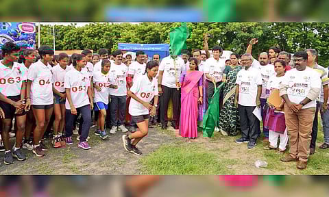 GCC Mayor R Priya inaugurated a marathon for spreading awareness on HIV prevention at Island Grounds. (Twitter/@chennaicorp)