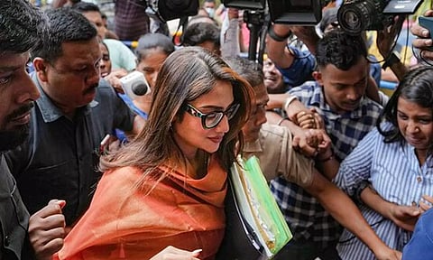 TMC MP Nusrat Jahan arrives to appear before the ED for questioning in a case of alleged fraud by a real estate company, of which she was a director, in Kolkata, (PTI)