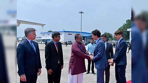 MoS Rajeev Chandrashekhar with Canadian Prime Minister Justin Trudeau at the airport (Photo Credits: X/@Rajeev_GoI)