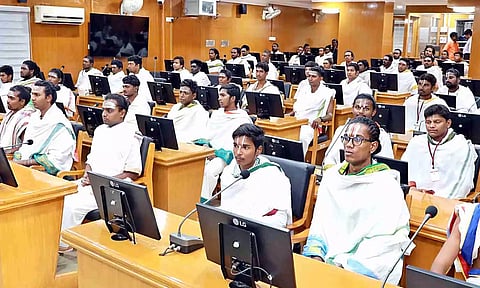 Students of Archaka Training Centres (second batch) at a function to distribute certificates by Minister PK Sekarbabu on Tuesday.