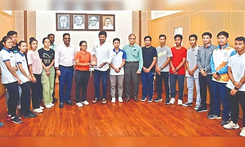 The Manipur fencing team with Minister of Youth Welfare and Sports Development at Secretariat on Wednesday