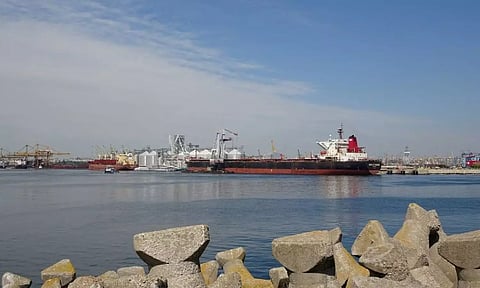 A view of the cereal terminal with grain silo in the Black Sea port of Constanta