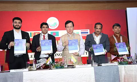 (L-R) Dineshkumar Gurusamy Chairman of BIMSTEC, Dr. Asif Iqbal- President IETO & IATC, New Delhi, H E Mr. Dr. Moe Kyaw Aung, Ambassador of Myanmar to India, Dr. Venkatachalam Murugan IFS Head of Branch Secretariat - Ministry of External Affairs Govt Of India, and Mr. T. Jayaseelan IDAS, Controller of Defence Account, Ministry of Defence India