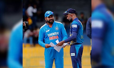 Team India captain Rohit Sharma with Sri Lanka captain Dasun Shanaka (X/@ICC)