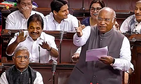 Congress President Mallikarjun Kharge speaking during the special session of Parliament. (PTI)