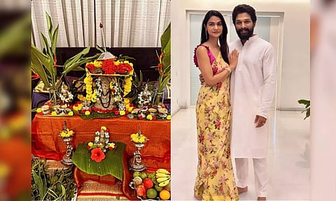 Lord Ganesha decorated; Allu Arjun with his wife Sneha. (Instagram)