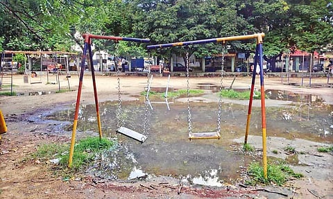 Play equipment damaged at the Corporation park in Ashok Nagar