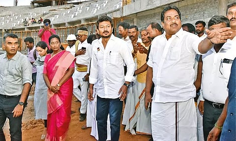 Minister for Youth Welfare and Sports Udhayanidhi Stalin inspecting Jallikattu stadium works near Alanganallur in Madurai on Wednesday