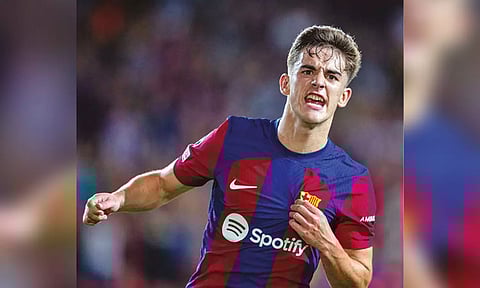 Gavi celebrates after scoring his first Champions League goal