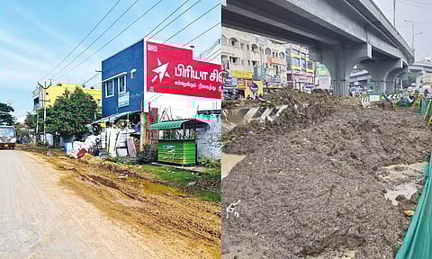 A slushy road in Kolathur (left) soil dug up for infra work on Tambaram Road