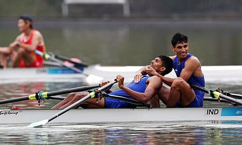 India’s Arjun Jat Lal and Arvind Singh react after winning the silver medal in the Lightweight Men’s Double Sculls (Reuters) 