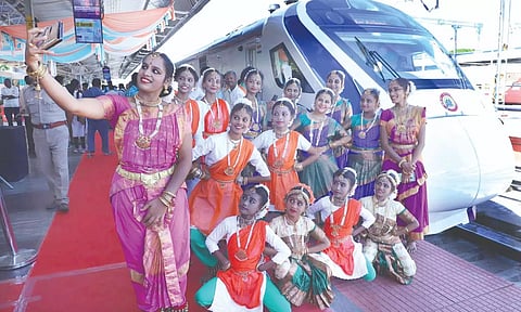 Students, who were at Tirunelveli station for Vande Bharat launch event, take a selfie