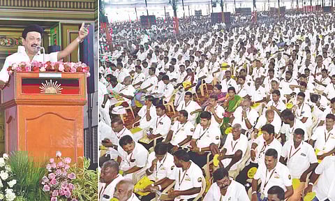 DMK President addressing DMK functionaries in Tirupur on Sunday
