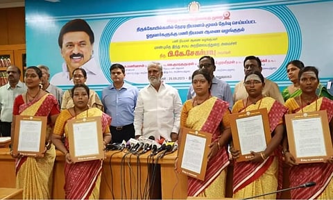 Minister for HR&CE P K Sekarbabu handed over the appointment orders to the five women Othuvars on Monday.