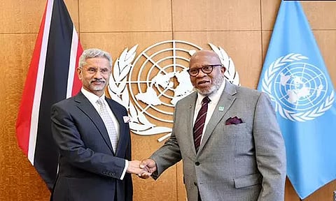 External Affairs Minister S Jaishankar and UNGA President Dennis Francis. (Photo/ANI)