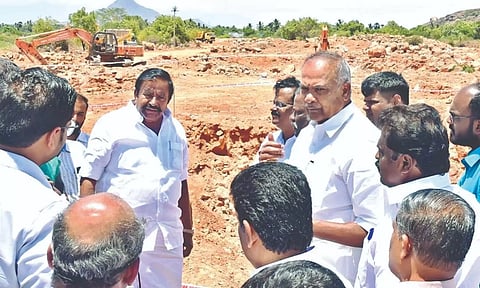KN Nehru and M Appavu inspect water treatment plant site at Singikulam in Tirunelveli district