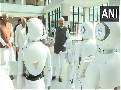 Prime Minister Narendra Modi visits robot exhibition in Ahmedabad. (Photo/ANI)