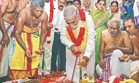 HR&CE Minister PK Sekarbabu inaugurating the work for the gold chariot on Wednesday