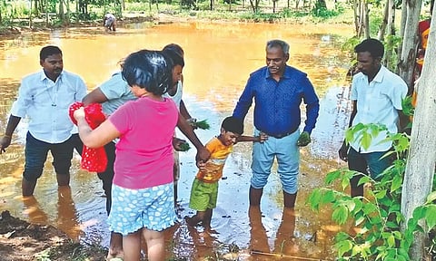 Collector Baskara Pandian with agri officials before planting paddy saplings on unused land in his official quarters