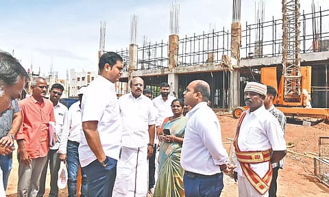 Industries Minister TRB Rajaa inspecting the ongoing Tidel park construction works in Thanjavur on Thursday