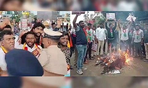 The agitators ridiculed and torched the effigies of 28 MPs from Karnataka for not speaking for the State over the Cauvery issue. (IANS)