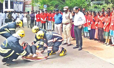 Tiruvallur District Collector Dr Alby John Varghese inspects the disaster drills on Friday