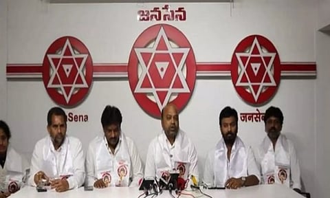JanaSena leaders during a press conference. Twitter - @ANI
