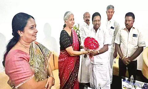 MLAs from AIADMK, led by Pollachi Jayaraman, calling on Nirmala Sitharaman. Vanathi Srinivasan MLA is also seen