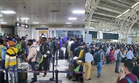  Passengers waiting in a long queue in Chennai airport