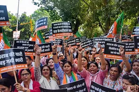 BJP leaders stage protest near AAP office, demand Delhi CM Kejriwal's resignation over liquor 'scam'