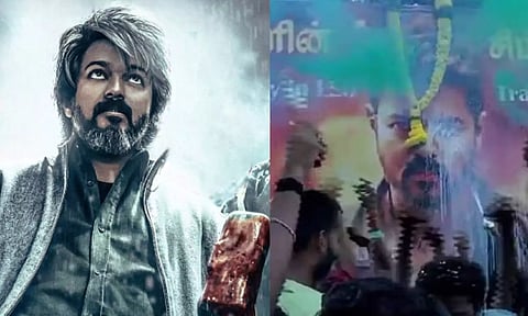 Actor Vijay in 'Leo'; Fans celebrating the release of the trailer. (ANI)