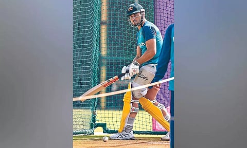 Marcus Stoinis in the nets during a practice session ahead of the match