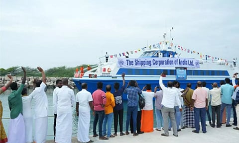 People waving off to the ferry. IANS