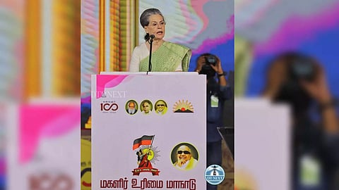 Sonia Gandhi at the DMK Women's Right Conference held at YMCA ground, Chennai. (Image credit: Hemanathan M)